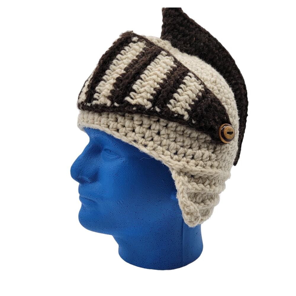 Handmade Crochet Knight Trojan Spartan Gladiator Hat w/ Face Shield Tan Brown